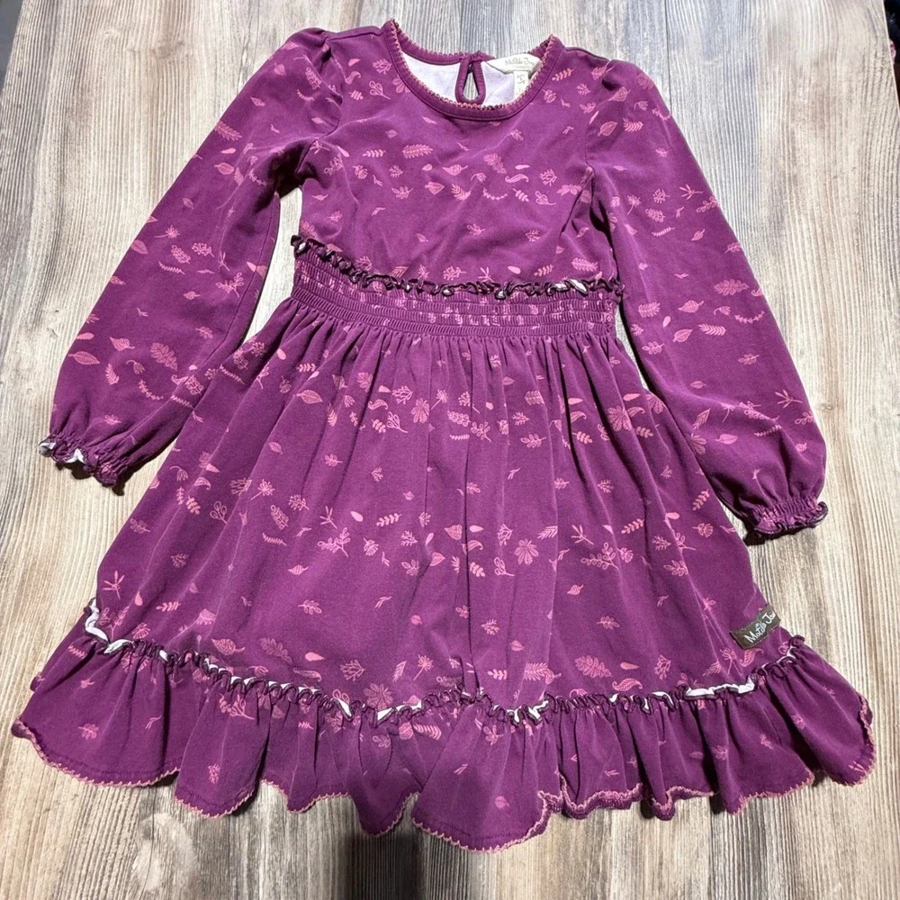 Matilda Jane Girls Plum Purple Botanical Leaf Print Ruffle Smocked Dress Size 6